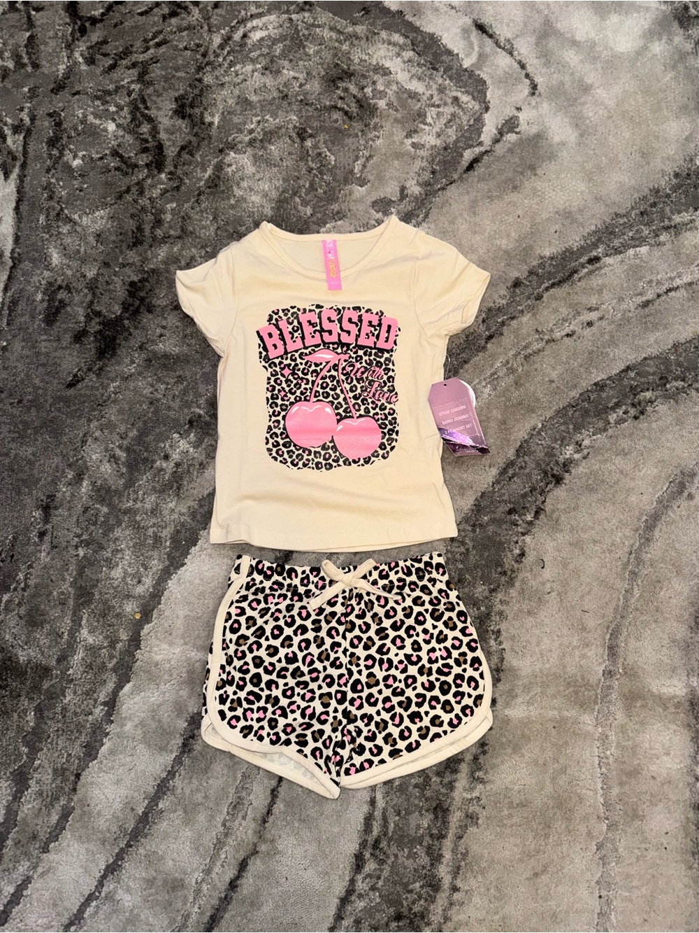 Girls' Cream and Pink 'Blessed' Cherry Short Set